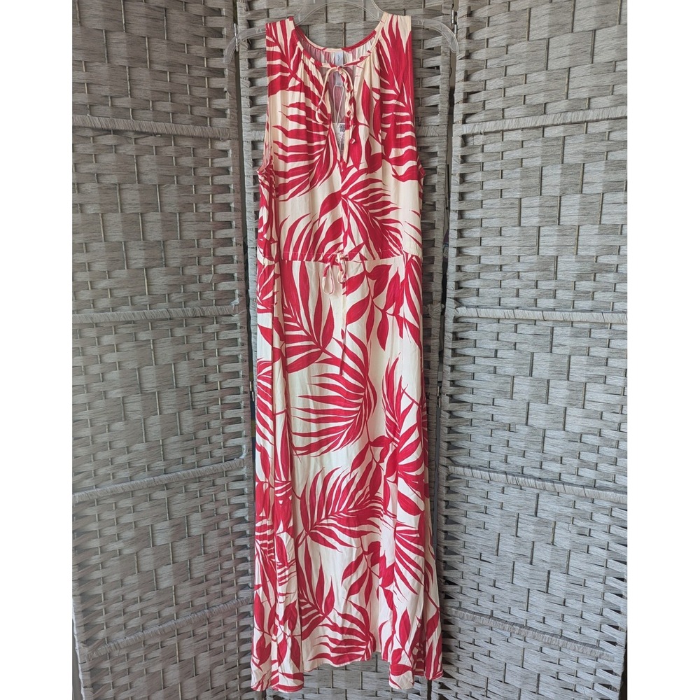 Mango Maxi Dress Red Cream Tropical Palm Print Sleeveless Lg Resortwear Beachy